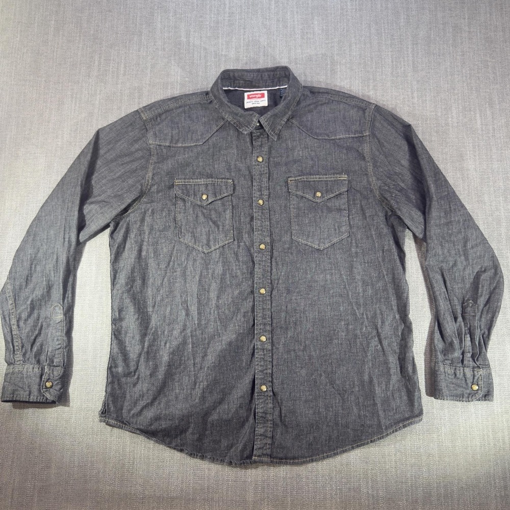 Wrangler Shirt Mens XL Gray Chambray Western Snap Front Long Sleeve Cowboy